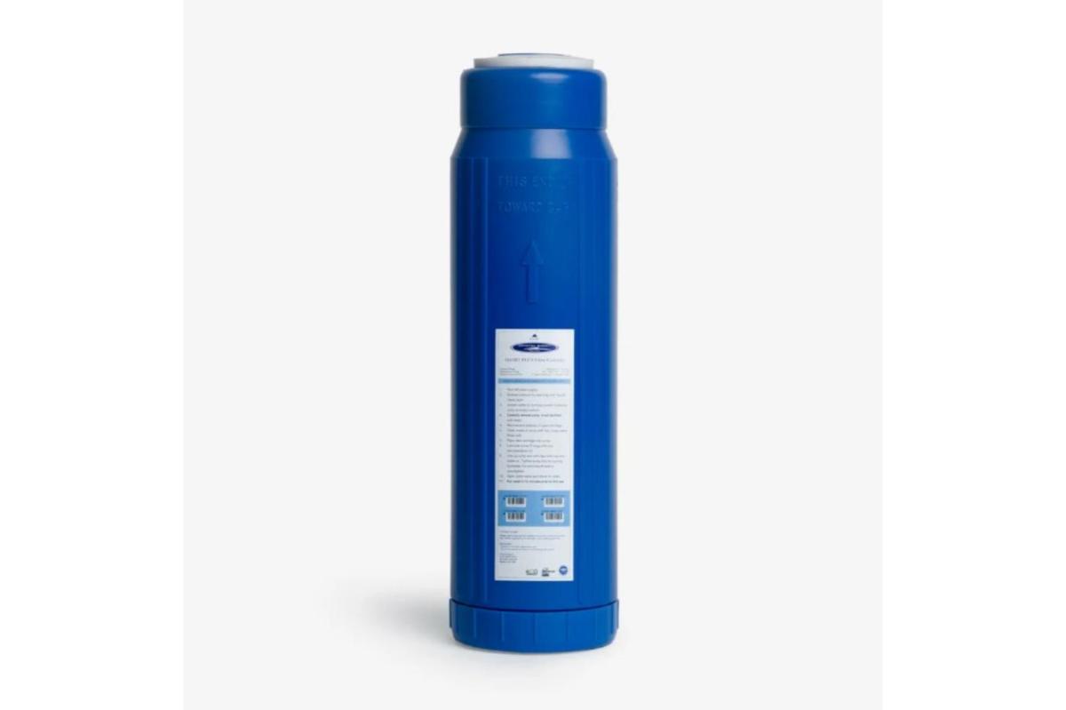 Blue cylindrical container with a label on a white background