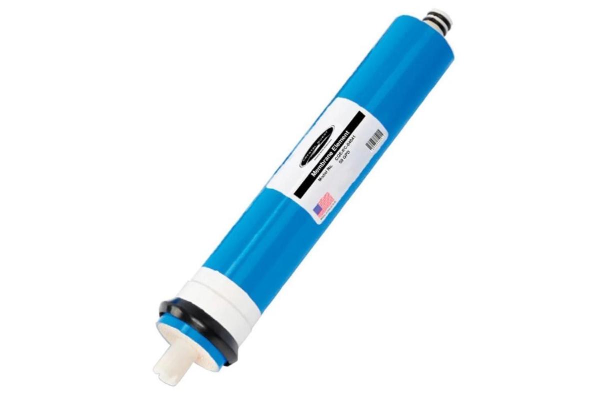 Blue and white cylindrical water filter on a white background