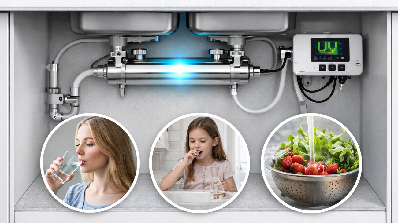 Under-sink water filtration system with lifestyle insets of a woman, child, and salad.