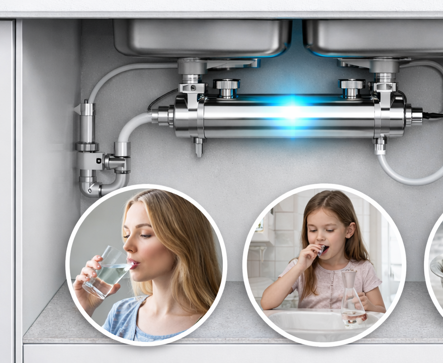 UV Water Sterilization Under-sink water filtration system with close-ups of a woman and a child drinking water.