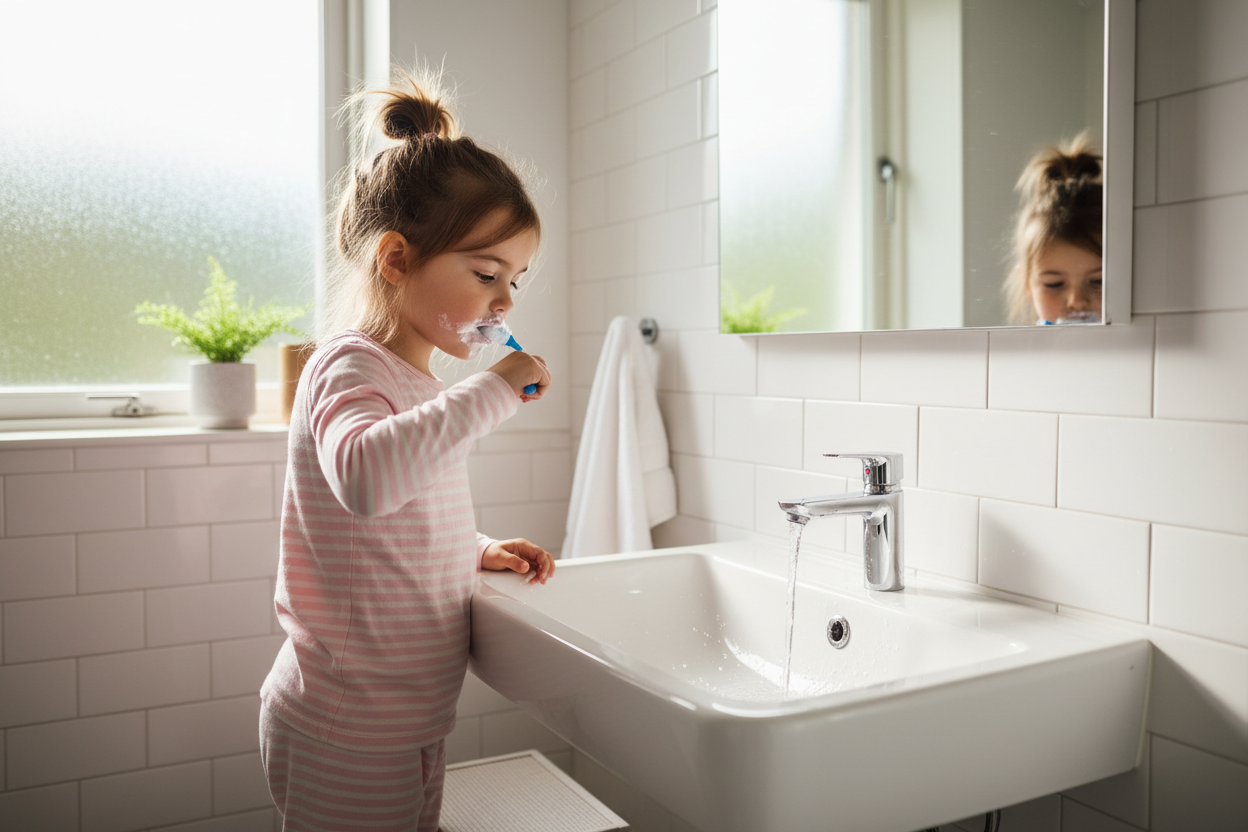 Child brushing teeth in a bathroom with a sink and mirror.