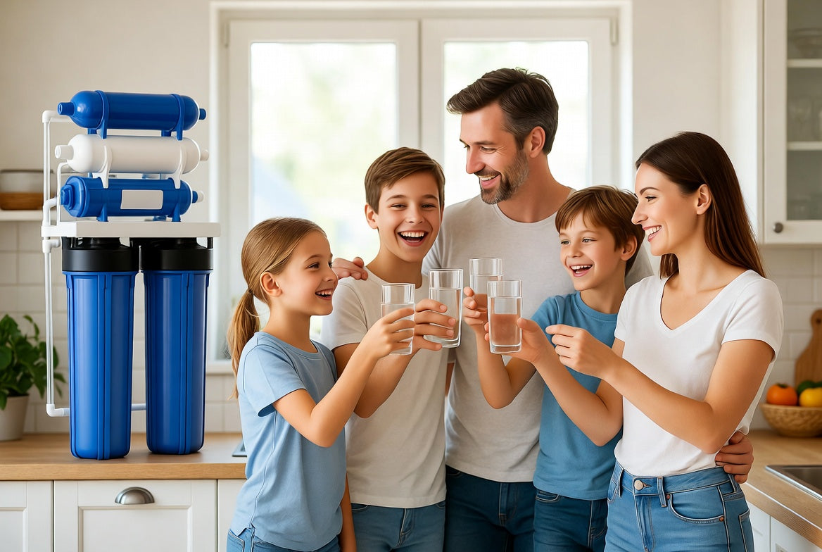 Family of five toasting with glasses in a kitchen next to a water filtration system.