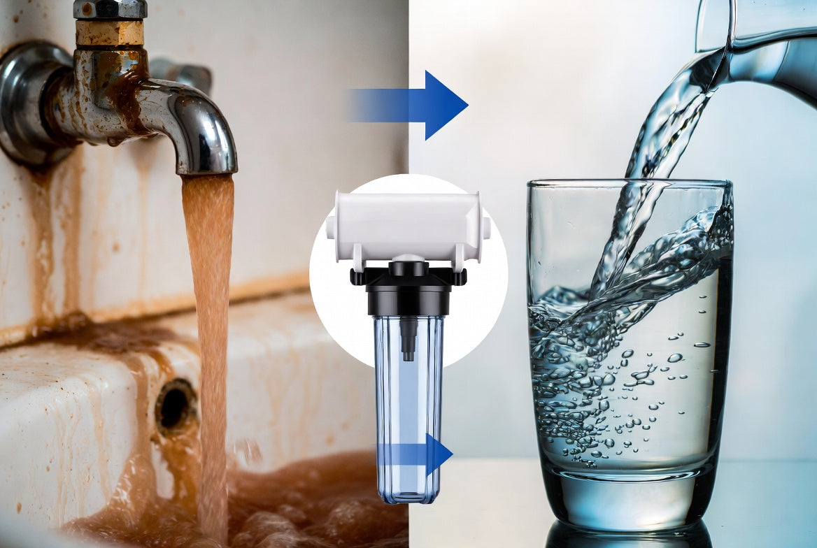 Comparison of dirty water flowing from a faucet to clean water in a glass after passing through a filter.