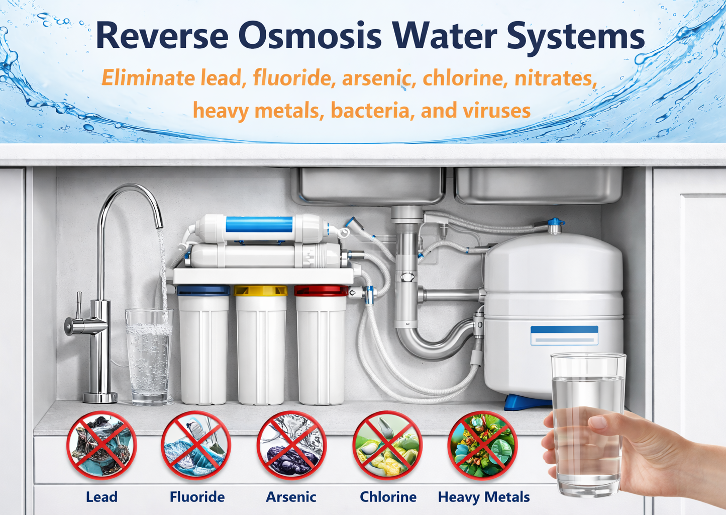Reverse osmosis water system with water being dispensed and benefits listed.