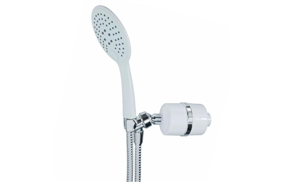 Chrome shower head with handheld shower and control valve on a white background