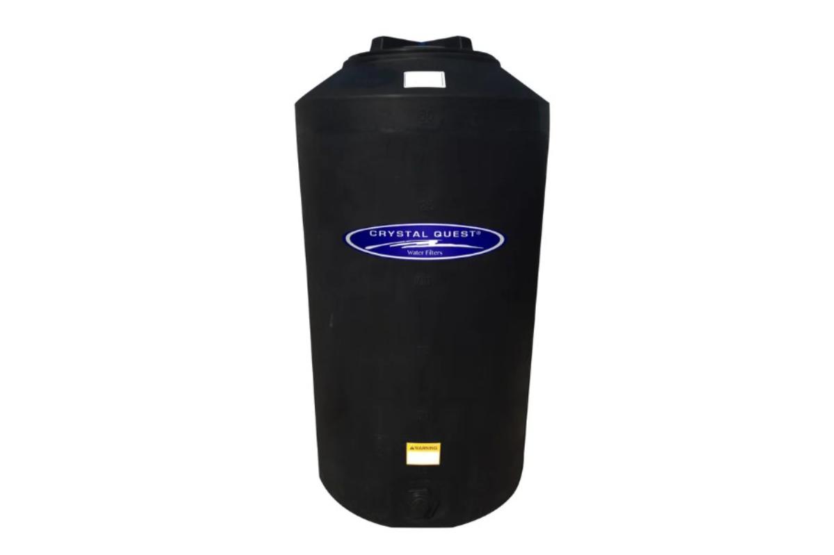 Black water storage tank with 'Crystal Quest' logo on a white background