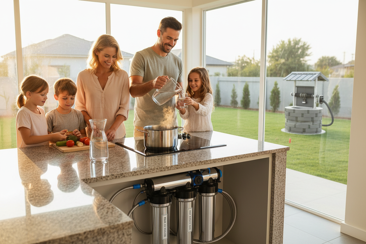 Family in a modern kitchen with a water filtration system on the counter.